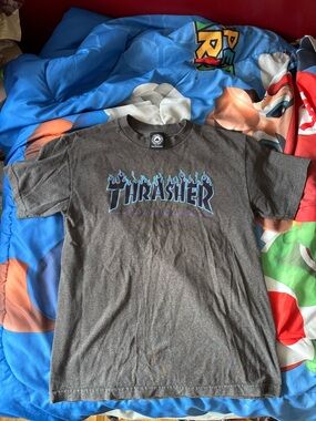 Thrasher Charcoal Tee with Blue Flame Logo